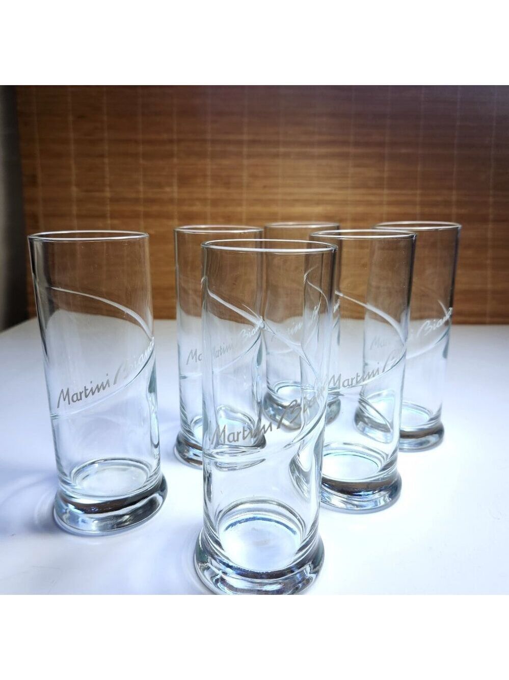 Vintage Martini Bianco Highball Glasses 6pc Etched Script Collins Tumbler Italy